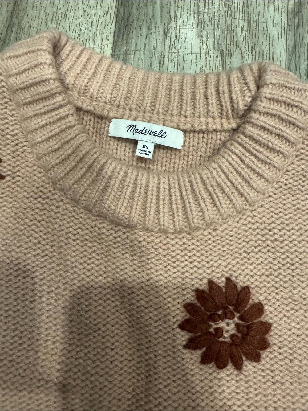 Madewell Dusty Rose Crewneck Sweater with Rust Floral Embroidery - Picture 3 of 6